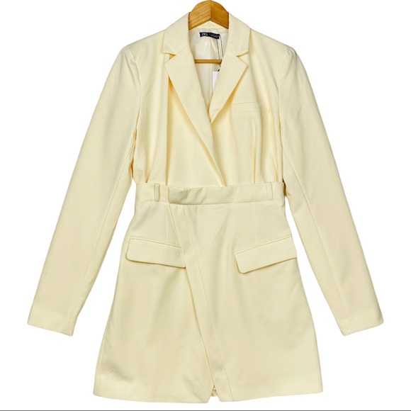 ZARA Blogger Fav Long Sleeve Structured Mini Blazer Dress Pastel Yellow Cream - Picture 9 of 16